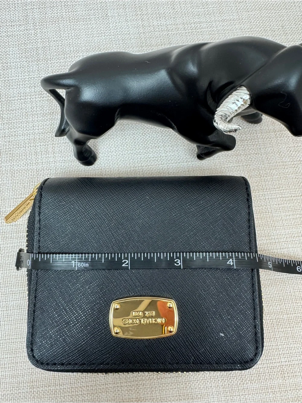 Michael Kors Black Saffiano Leather Compact Zip Wallet with Gold Plate